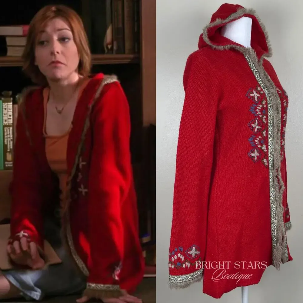 Rare Vintage Hooded Cardigan ASO Willow Rosenberg BtVS Red Embroidered Knit - Picture 3 of 14